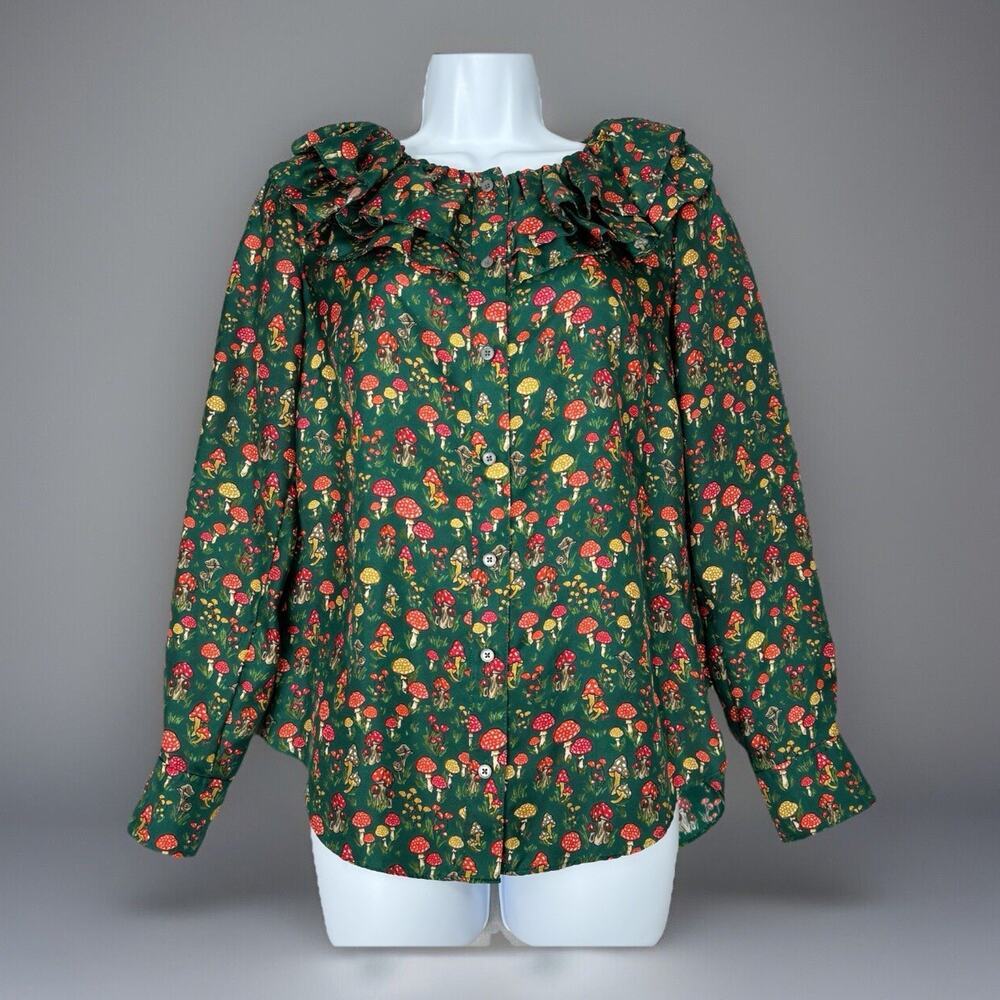 J.Crew Collection Womens Top XS Green 100% Silk Mushroom Floral Ruffle Blouse
